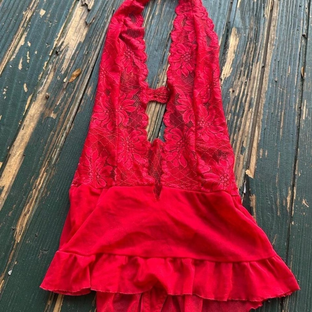 Fredrick's Red lace halter skirt body suit  with ruffles and‎ mesh details S